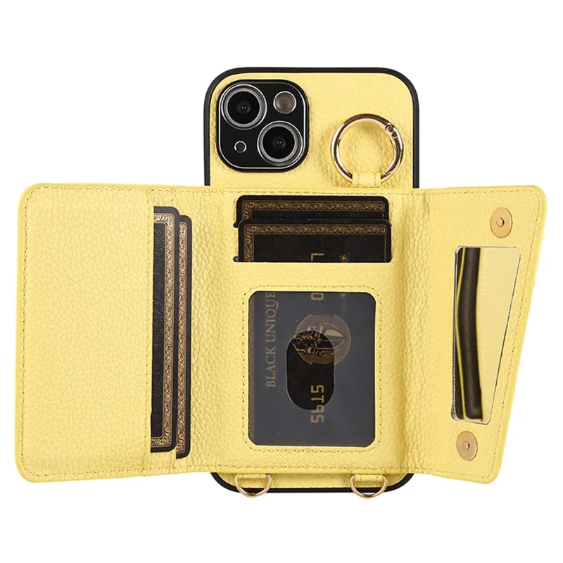 Card Holder Cell Phone Cover For iPhone 14 Case Genuine Leather Phone Case with Shoulder Strap - Yellow