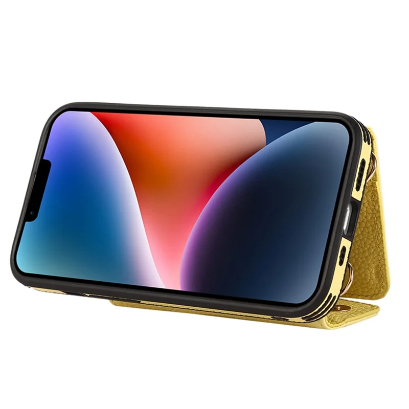 Card Holder Cell Phone Cover For iPhone 14 Case Genuine Leather Phone Case with Shoulder Strap - Yellow