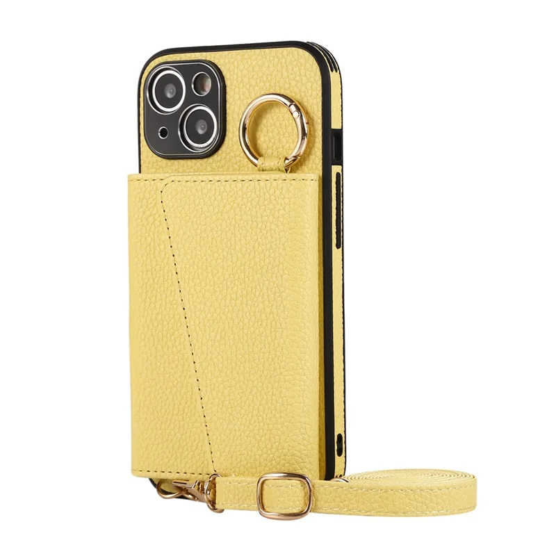 Card Holder Cell Phone Cover For iPhone 14 Case Genuine Leather Phone Case with Shoulder Strap - Yellow