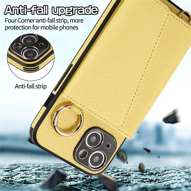 Card Holder Cell Phone Cover For iPhone 14 Case Genuine Leather Phone Case with Shoulder Strap - Yellow