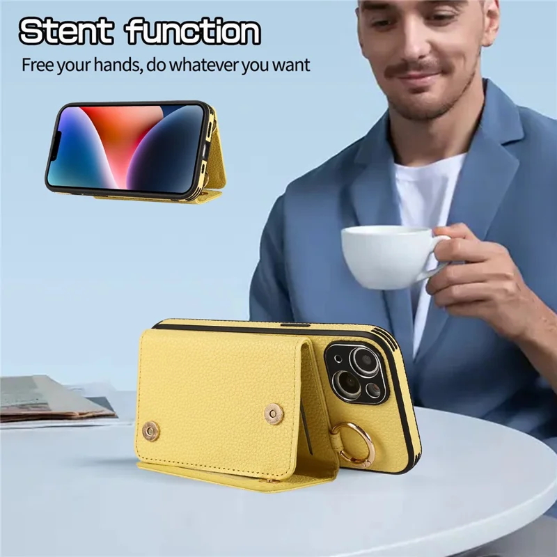 Card Holder Cell Phone Cover For iPhone 14 Case Genuine Leather Phone Case with Shoulder Strap - Yellow