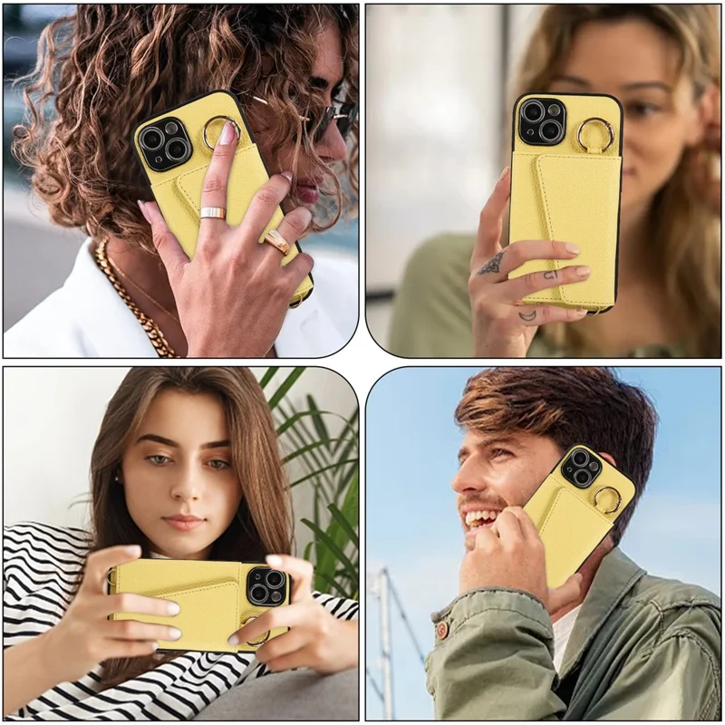 Card Holder Cell Phone Cover For iPhone 14 Case Genuine Leather Phone Case with Shoulder Strap - Yellow