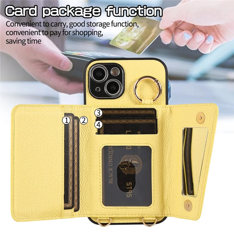 Card Holder Cell Phone Cover For iPhone 14 Case Genuine Leather Phone Case with Shoulder Strap - Yellow