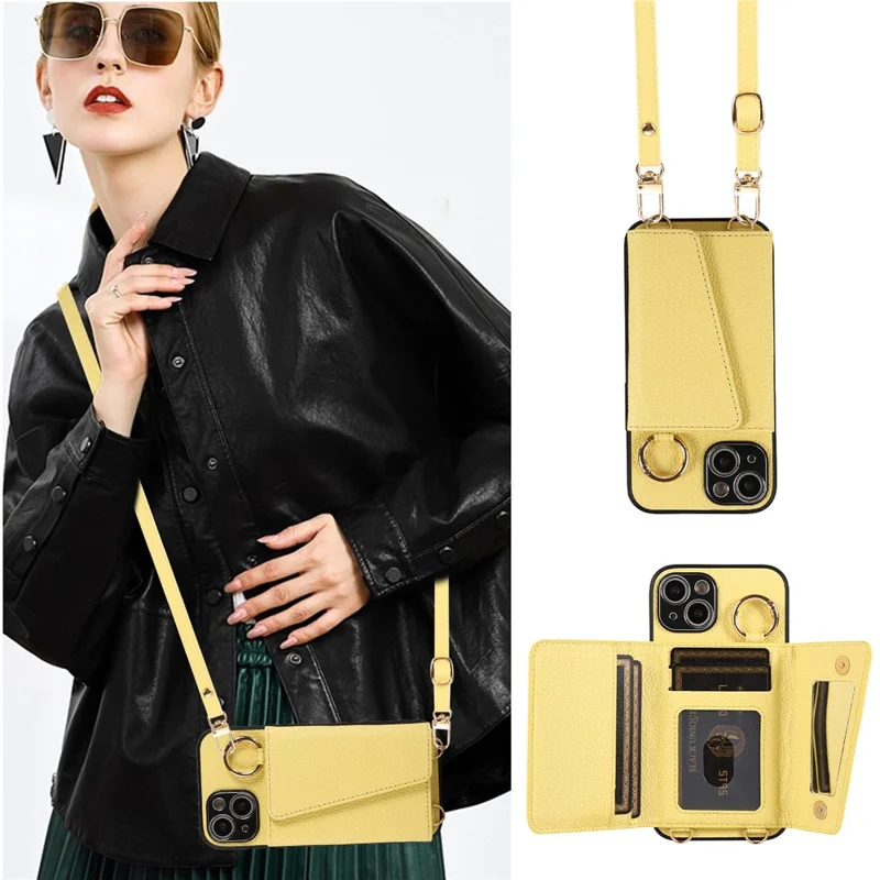 Card Holder Cell Phone Cover For iPhone 14 Case Genuine Leather Phone Case with Shoulder Strap - Yellow
