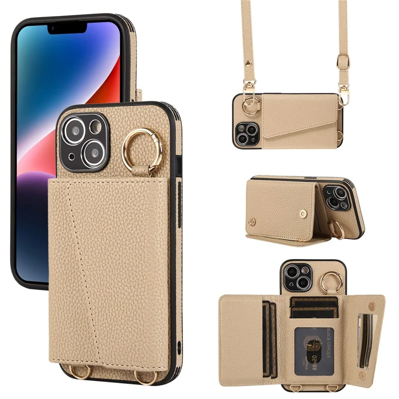 Card Holder Cell Phone Cover For iPhone 14 Case Genuine Leather Phone Case with Shoulder Strap - Khaki