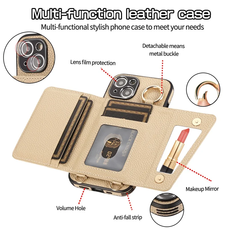 Card Holder Cell Phone Cover For iPhone 14 Case Genuine Leather Phone Case with Shoulder Strap - Khaki