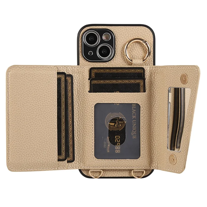 Card Holder Cell Phone Cover For iPhone 14 Case Genuine Leather Phone Case with Shoulder Strap - Khaki