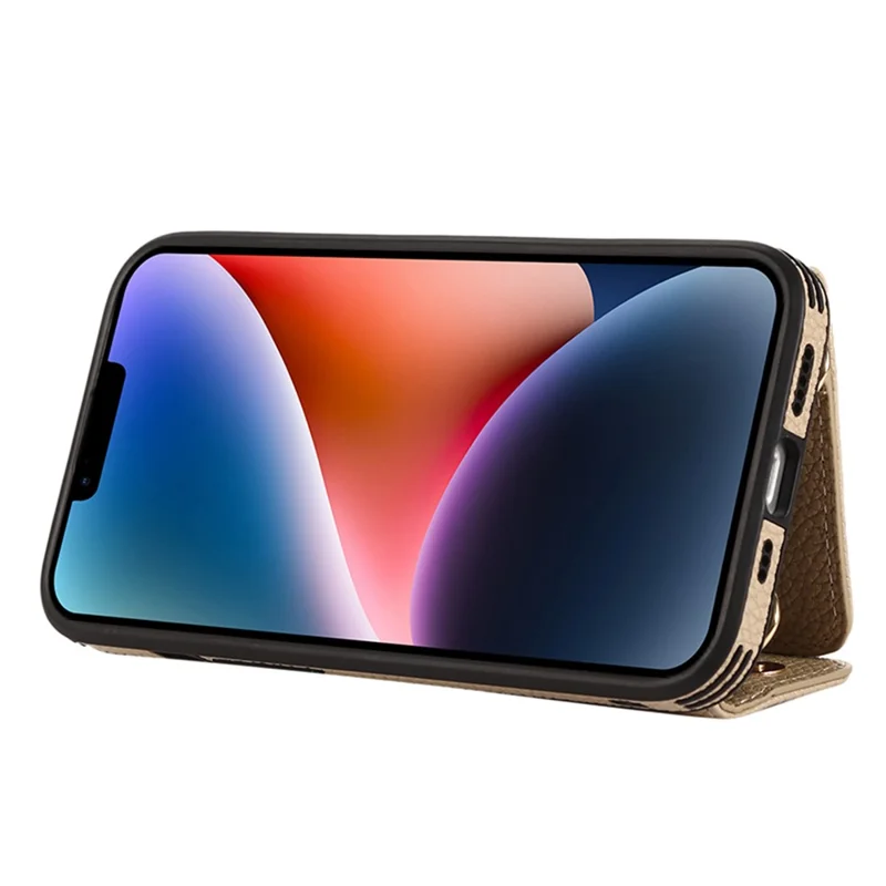 Card Holder Cell Phone Cover For iPhone 14 Case Genuine Leather Phone Case with Shoulder Strap - Khaki