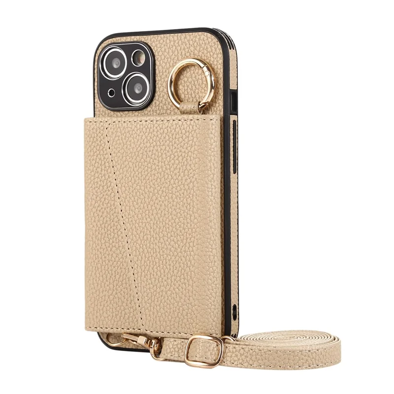 Card Holder Cell Phone Cover For iPhone 14 Case Genuine Leather Phone Case with Shoulder Strap - Khaki