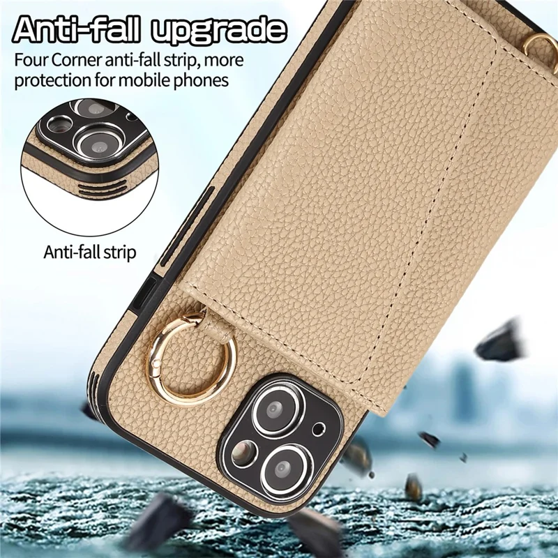 Card Holder Cell Phone Cover For iPhone 14 Case Genuine Leather Phone Case with Shoulder Strap - Khaki