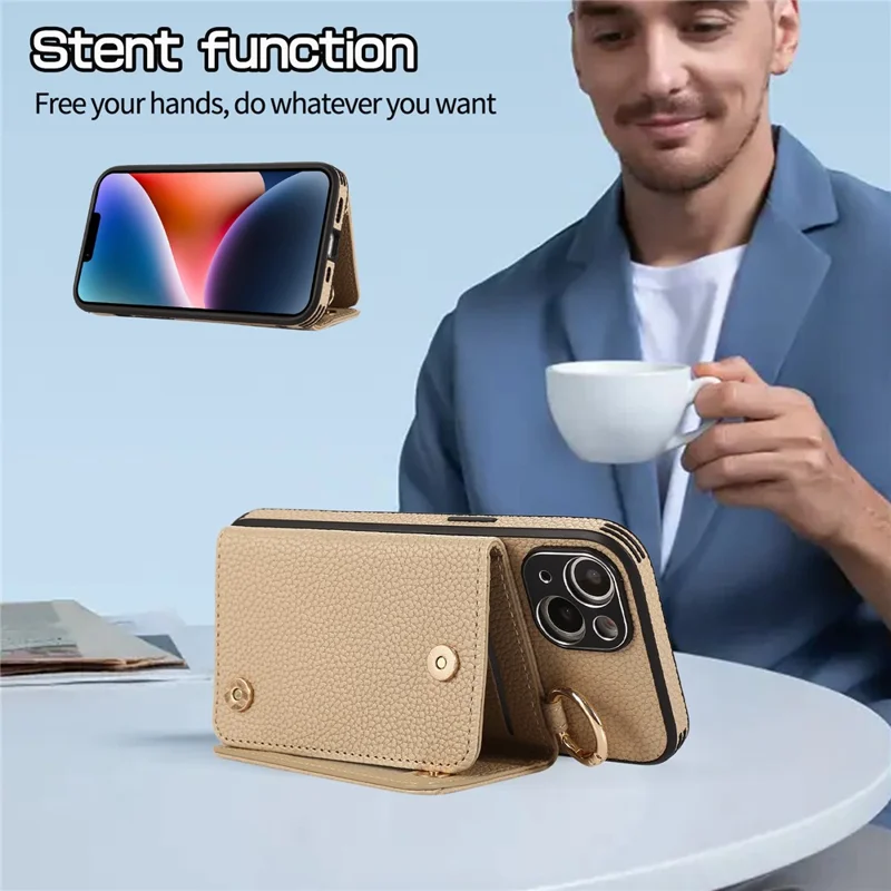 Card Holder Cell Phone Cover For iPhone 14 Case Genuine Leather Phone Case with Shoulder Strap - Khaki