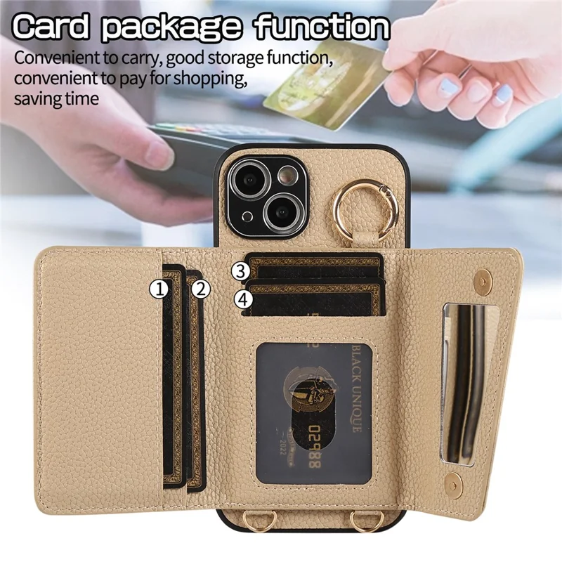 Card Holder Cell Phone Cover For iPhone 14 Case Genuine Leather Phone Case with Shoulder Strap - Khaki