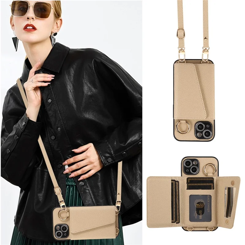 Card Holder Cell Phone Cover For iPhone 14 Case Genuine Leather Phone Case with Shoulder Strap - Khaki