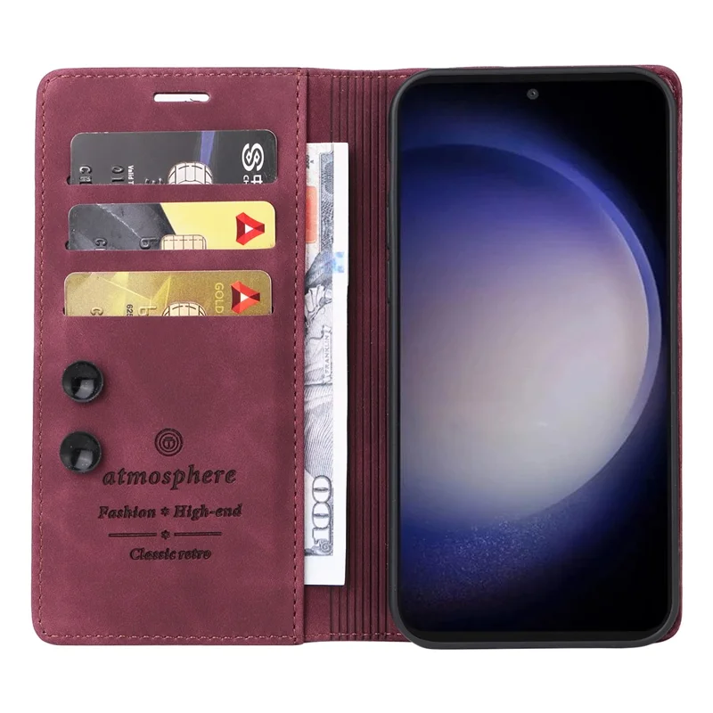 006 Series For Samsung Galaxy S23 FE Case Sucker Closure PU Leather Phone Stand Cover - Wine Red