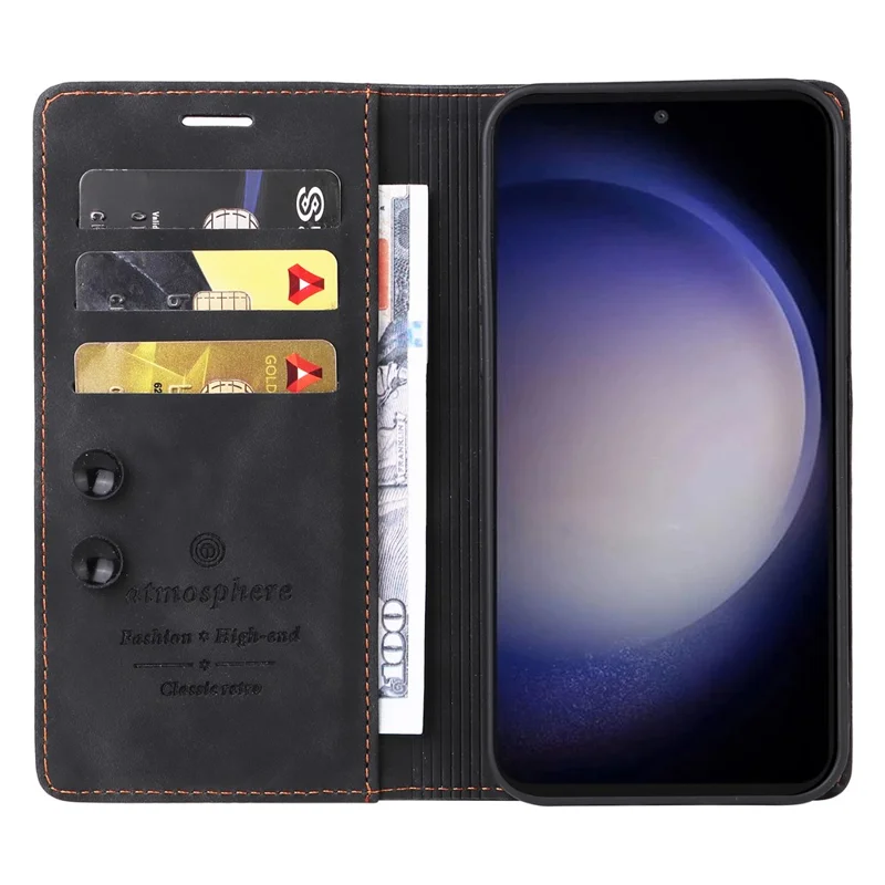 006 Series For Samsung Galaxy S23 FE Case Sucker Closure PU Leather Phone Stand Cover - Black