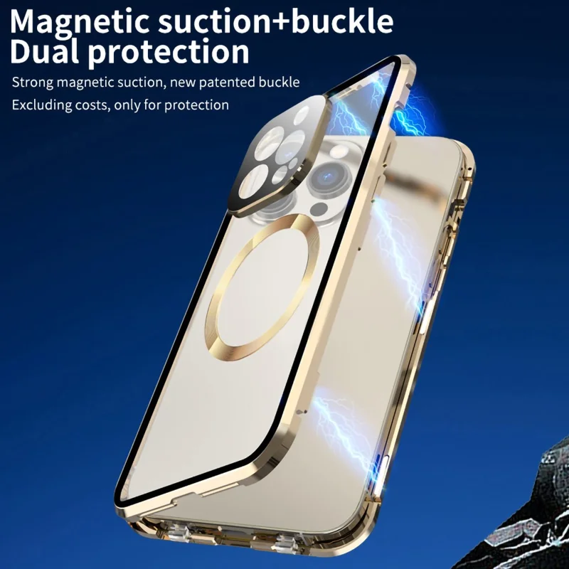 For iPhone 15 Pro Max Case Double Sided HD Tempered Glass Phone Cover Compatible with MagSafe - Gold