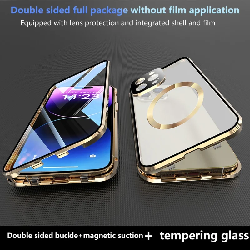 For iPhone 15 Pro Max Case Double Sided HD Tempered Glass Phone Cover Compatible with MagSafe - Gold