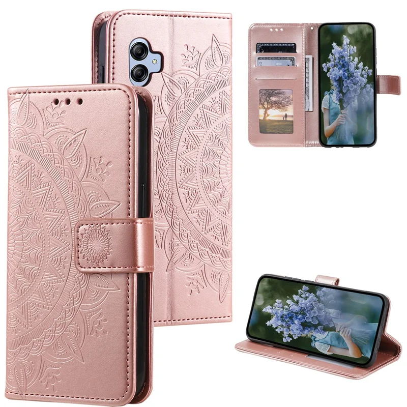 For Samsung Galaxy A05 4G Case Wallet PU Leather Imprinted Stand Phone Cover with Strap - Rose Gold
