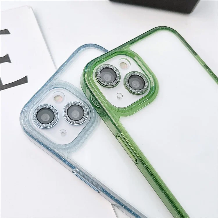 For iPhone 15 Plus Glittery Powder Cell Phone Case PC+TPU+Glass Mobile Phone Covering Shell - Green