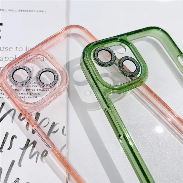 For iPhone 15 Plus Glittery Powder Cell Phone Case PC+TPU+Glass Mobile Phone Covering Shell - Green