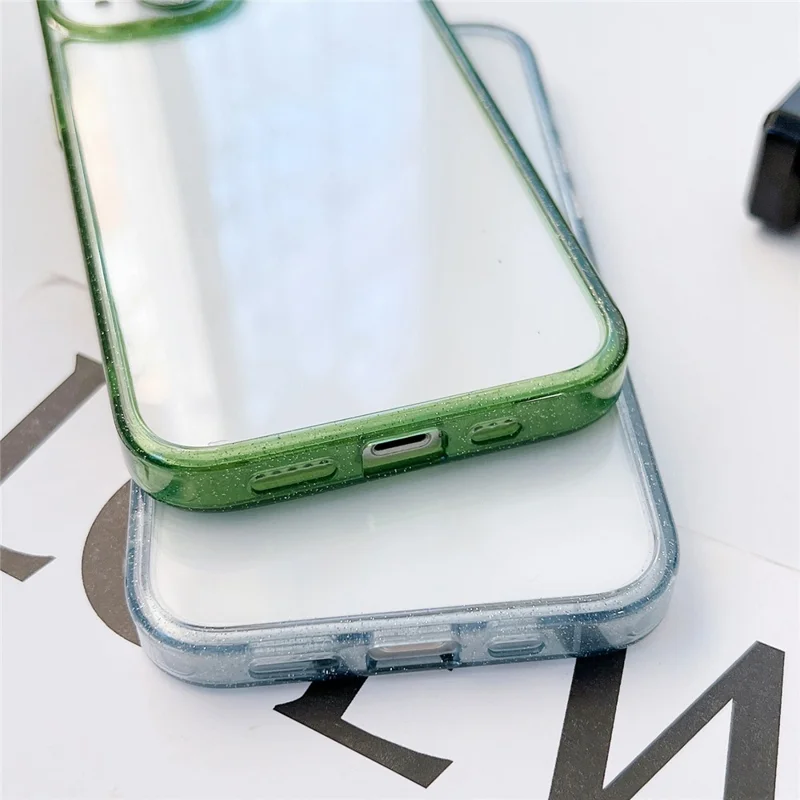 For iPhone 15 Glittery Powder Phone Case PC+TPU+Glass Phone Covering Shell - Blue
