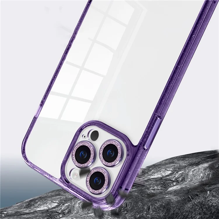 For iPhone 14 Pro Case Slim-Fit Cell Phone Shell Glittery Powder PC+TPU+Glass Cover - Dark Purple