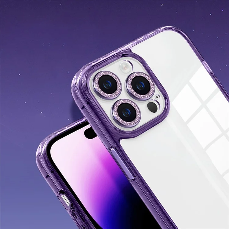 For iPhone 14 Pro Case Slim-Fit Cell Phone Shell Glittery Powder PC+TPU+Glass Cover - Dark Purple