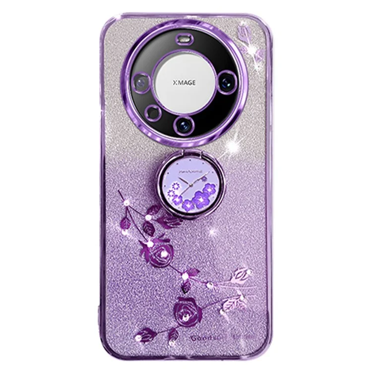 KADEM Para Huawei Mate 60 Case Ring Kickstand Precise Cutout Flower Pattern Gradient Glitter TPU Cover - Roxo