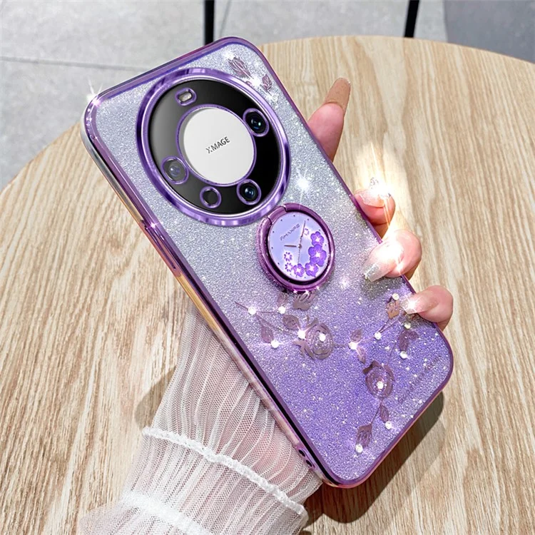 KADEM Para Huawei Mate 60 Case Ring Kickstand Precise Cutout Flower Pattern Gradient Glitter TPU Cover - Roxo