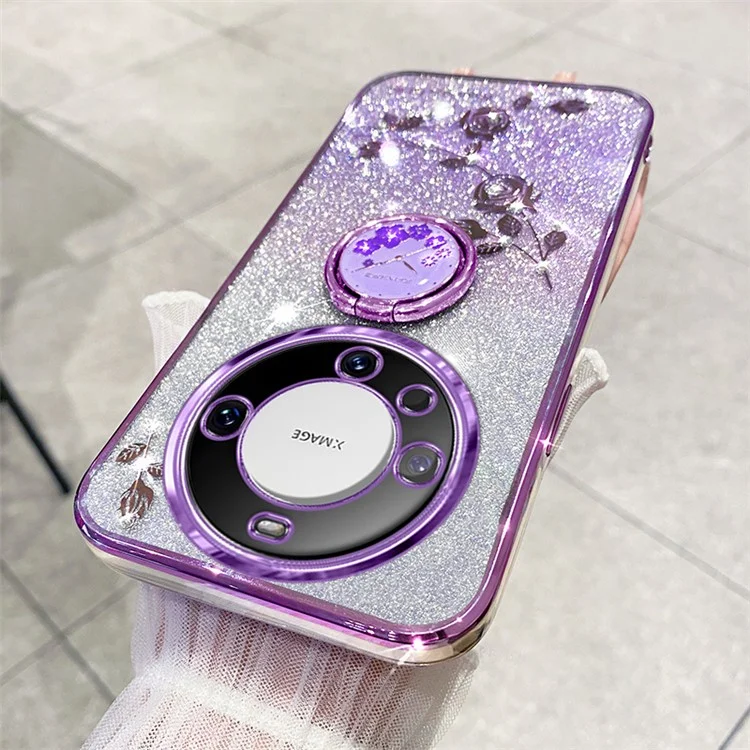 KADEM Para Huawei Mate 60 Case Ring Kickstand Precise Cutout Flower Pattern Gradient Glitter TPU Cover - Roxo