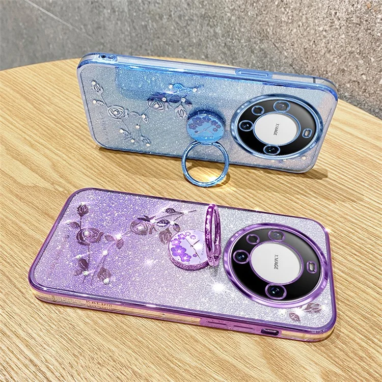 KADEM Para Huawei Mate 60 Case Ring Kickstand Precise Cutout Flower Pattern Gradient Glitter TPU Cover - Roxo