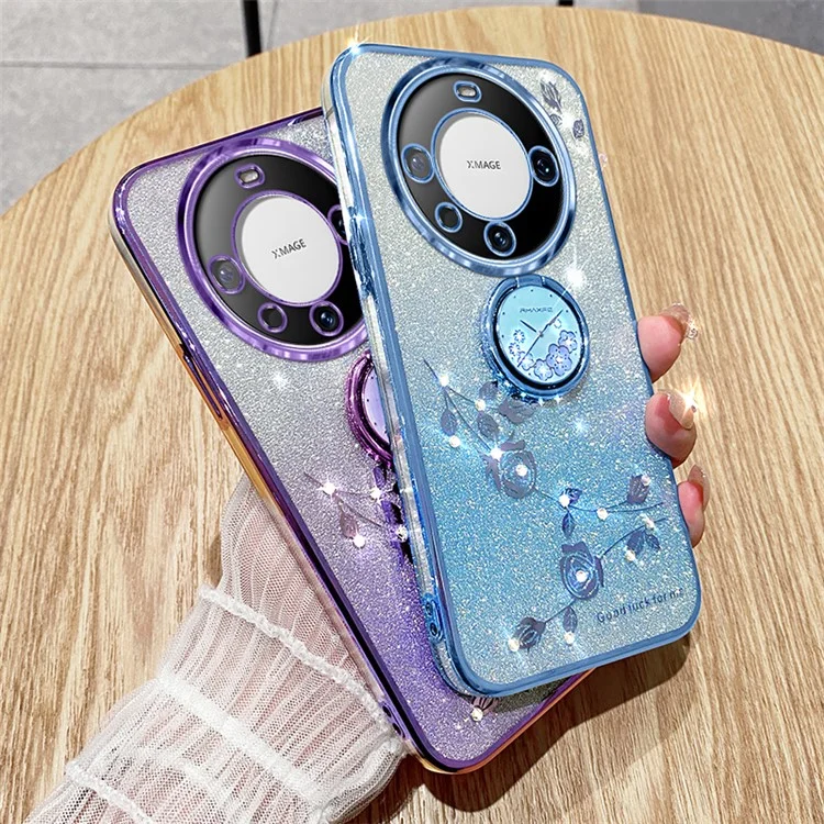 KADEM Para Huawei Mate 60 Case Ring Kickstand Precise Cutout Flower Pattern Gradient Glitter TPU Cover - Roxo