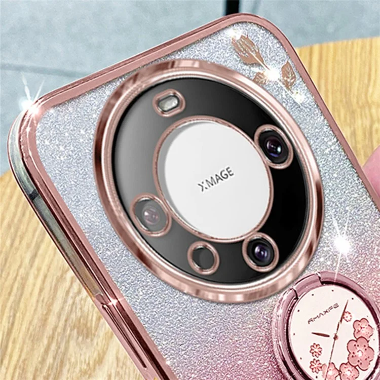 KADEM Para Huawei Mate 60 Case Ring Kickstand Precise Cutout Flower Pattern Gradient Glitter TPU Cover - Roxo