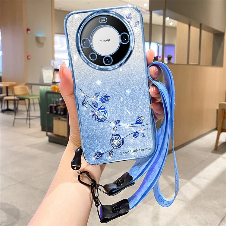 KADEM Für Huawei Mate 60 Pro Hülle Präzise Aussparungen Rhinestone-Blume Sturzsicheres TPU-Telefongehäuse mit Trageriemen - Blau