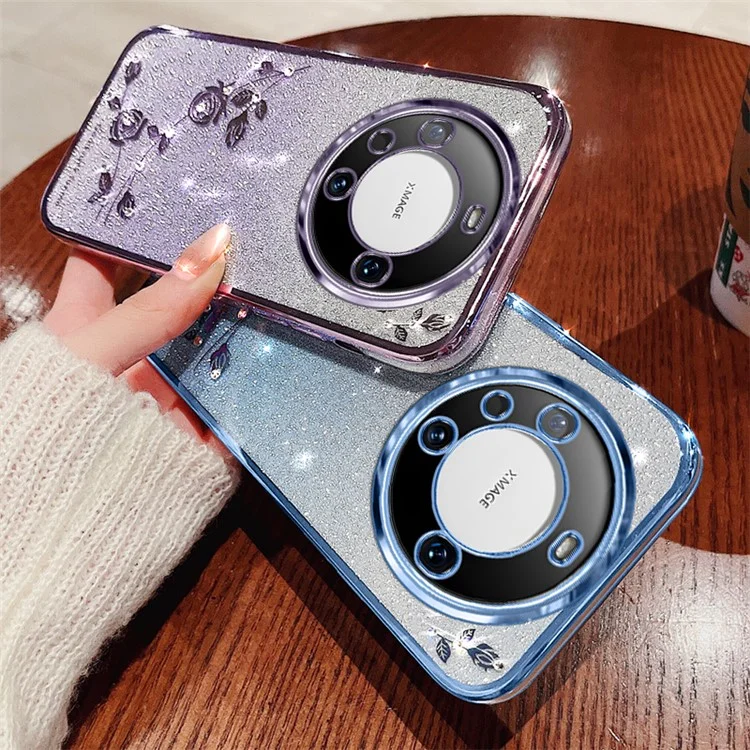 KADEM Für Huawei Mate 60 Pro Hülle Präzise Aussparungen Rhinestone-Blume Sturzsicheres TPU-Telefongehäuse mit Trageriemen - Blau