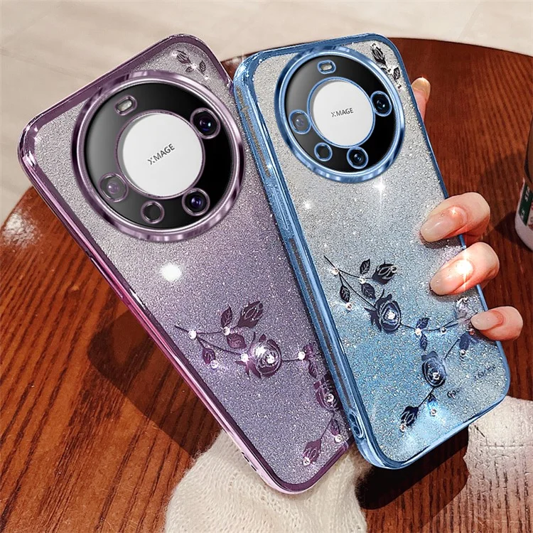 KADEM Für Huawei Mate 60 Pro Hülle Präzise Aussparungen Rhinestone-Blume Sturzsicheres TPU-Telefongehäuse mit Trageriemen - Blau
