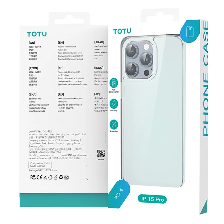 TOTU PC-04 für iPhone 15 Klare Hülle Kratzfest PC + TPU Handyhülle
