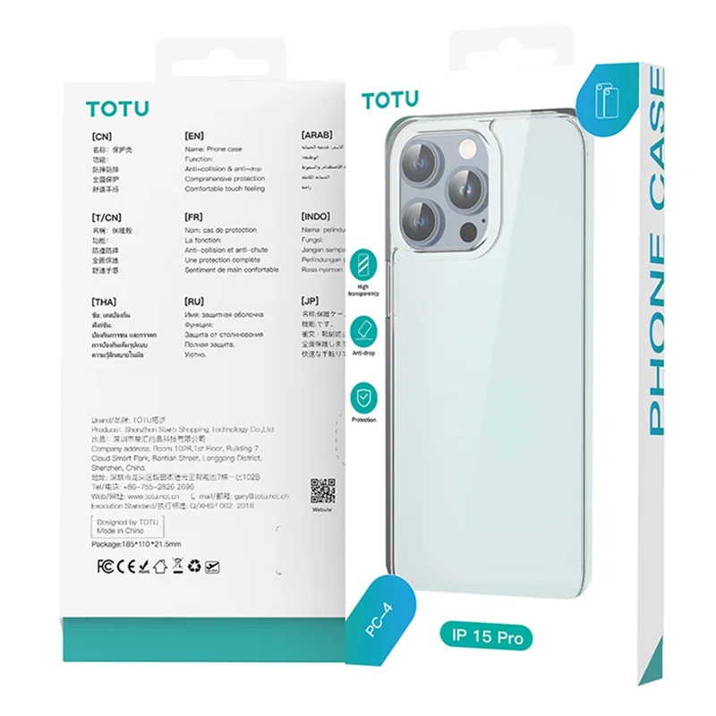 TOTU PC-04 para iPhone 15 Plus Funda Transparente de PC + TPU Cubierta Protectora de Teléfono