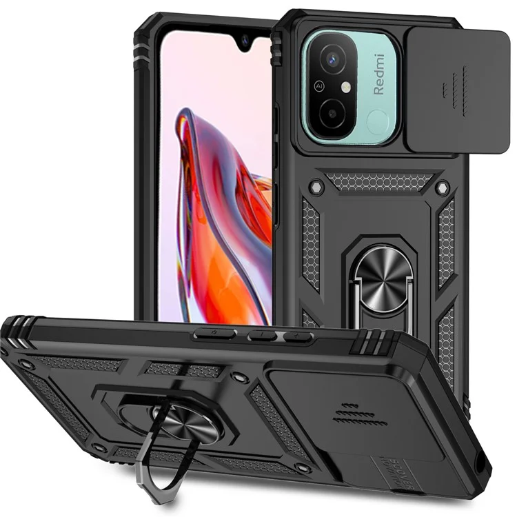 Für Xiaomi Redmi 12C 4G Case Slide Camera Shield Rotatory Kickstand PC+TPU Phone Cover - Schwarz