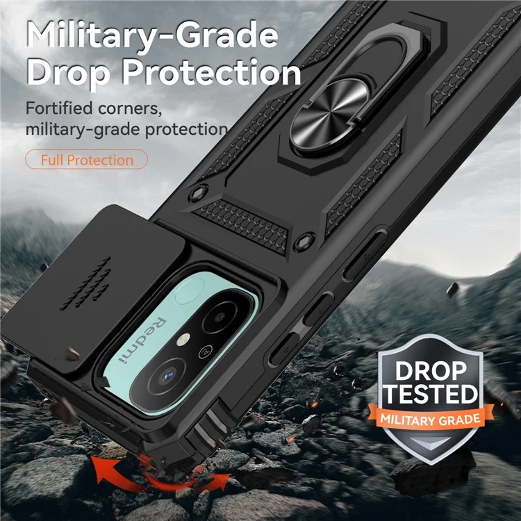 Für Xiaomi Redmi 12C 4G Case Slide Camera Shield Rotatory Kickstand PC+TPU Phone Cover - Schwarz