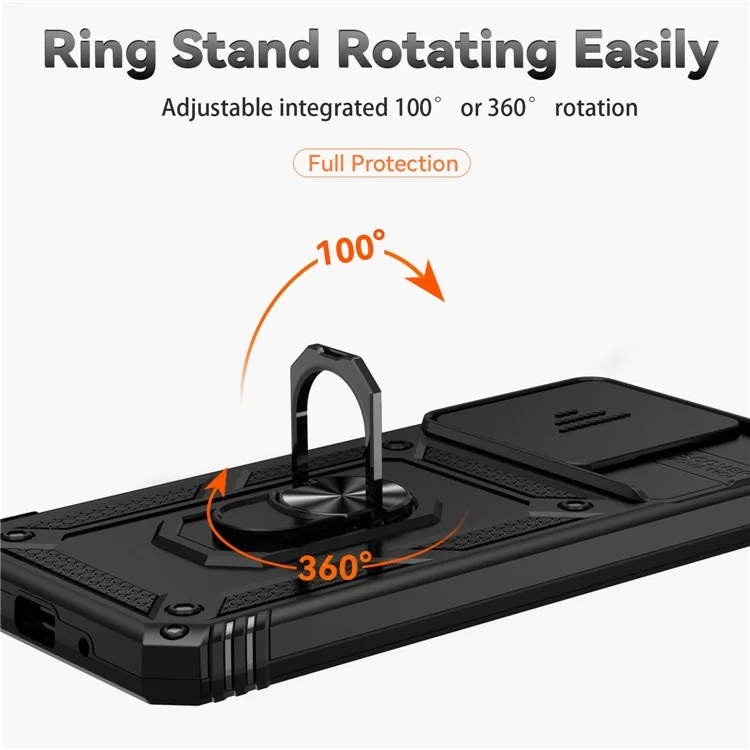 Für Xiaomi Redmi 12C 4G Case Slide Camera Shield Rotatory Kickstand PC+TPU Phone Cover - Schwarz