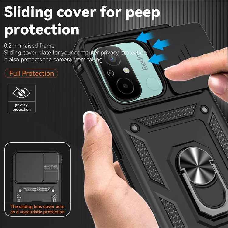 Für Xiaomi Redmi 12C 4G Case Slide Camera Shield Rotatory Kickstand PC+TPU Phone Cover - Schwarz