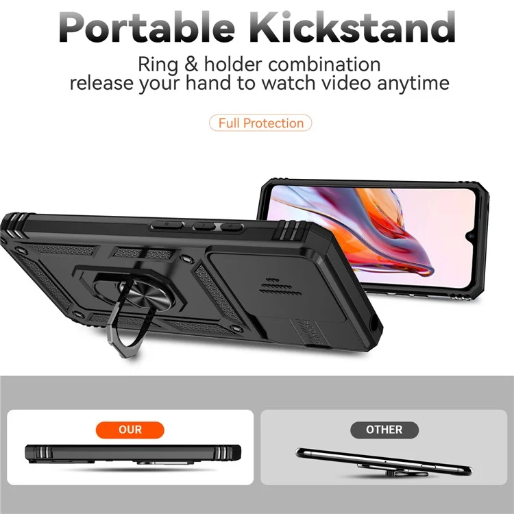 Für Xiaomi Redmi 12C 4G Case Slide Camera Shield Rotatory Kickstand PC+TPU Phone Cover - Schwarz