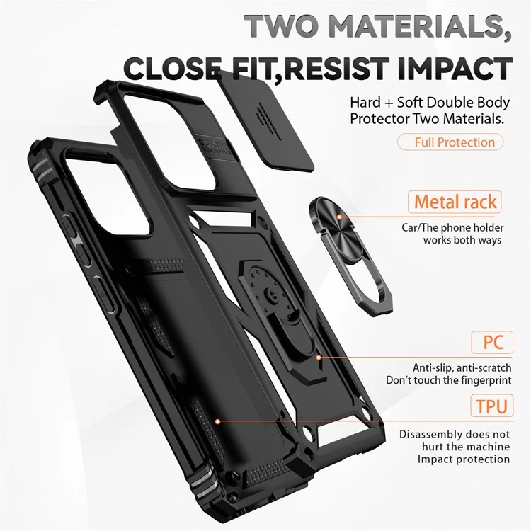 Für Xiaomi Redmi 12C 4G Case Slide Camera Shield Rotatory Kickstand PC+TPU Phone Cover - Schwarz