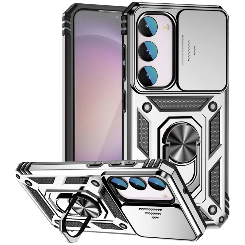 For Samsung Galaxy S23 FE Case Slide Camera Lid PC+TPU Cellphone Cover with Ring Kickstand - Silver