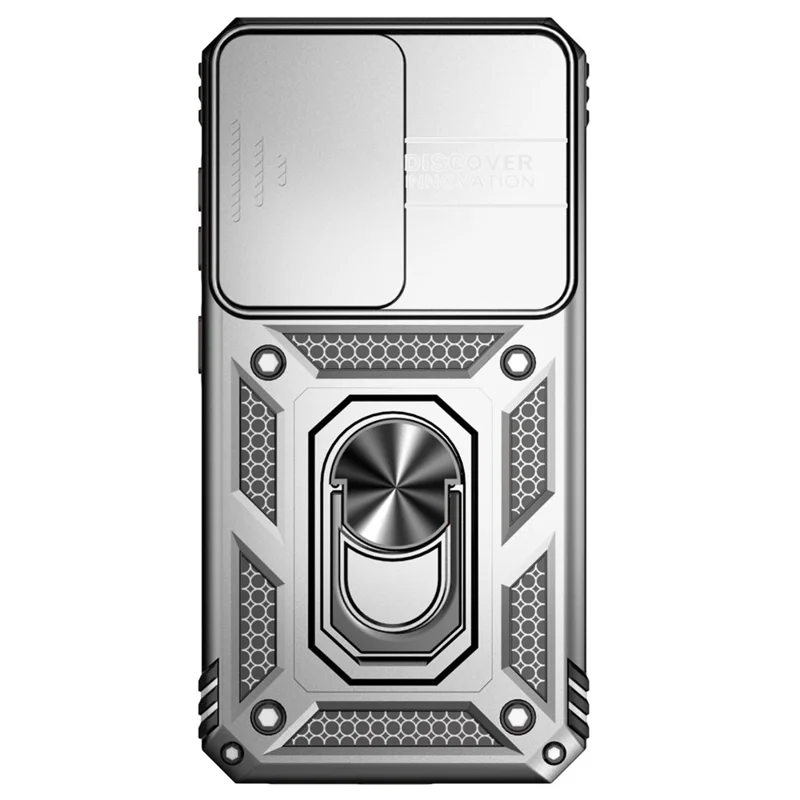 For Samsung Galaxy S23 FE Case Slide Camera Lid PC+TPU Cellphone Cover with Ring Kickstand - Silver