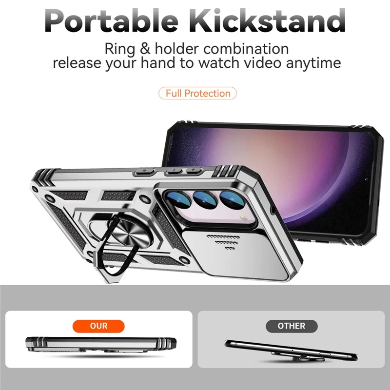 For Samsung Galaxy S23 FE Case Slide Camera Lid PC+TPU Cellphone Cover with Ring Kickstand - Silver