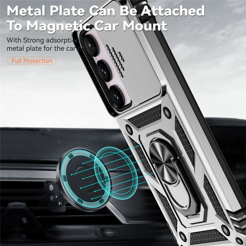 For Samsung Galaxy S23 FE Case Slide Camera Lid PC+TPU Cellphone Cover with Ring Kickstand - Silver