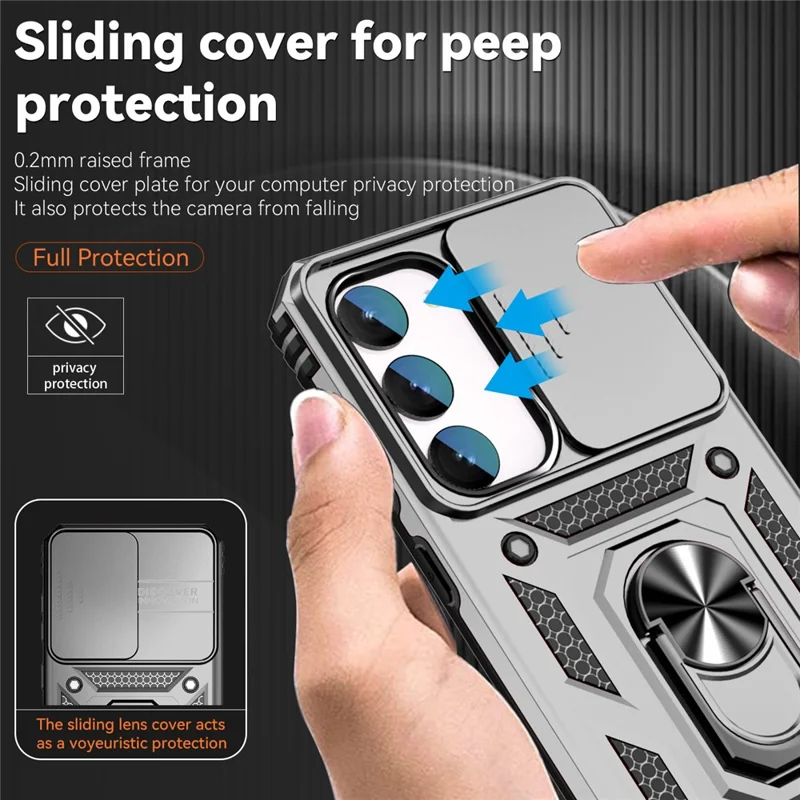 For Samsung Galaxy S23 FE Case Slide Camera Lid PC+TPU Cellphone Cover with Ring Kickstand - Silver