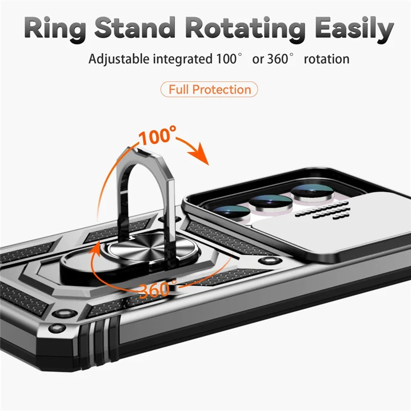 For Samsung Galaxy S23 FE Case Slide Camera Lid PC+TPU Cellphone Cover with Ring Kickstand - Silver